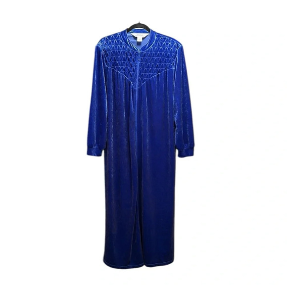 The Vermont Country Store Blue Velour Robe Long Length Crushed Velvet, Small - Picture 1 of 14